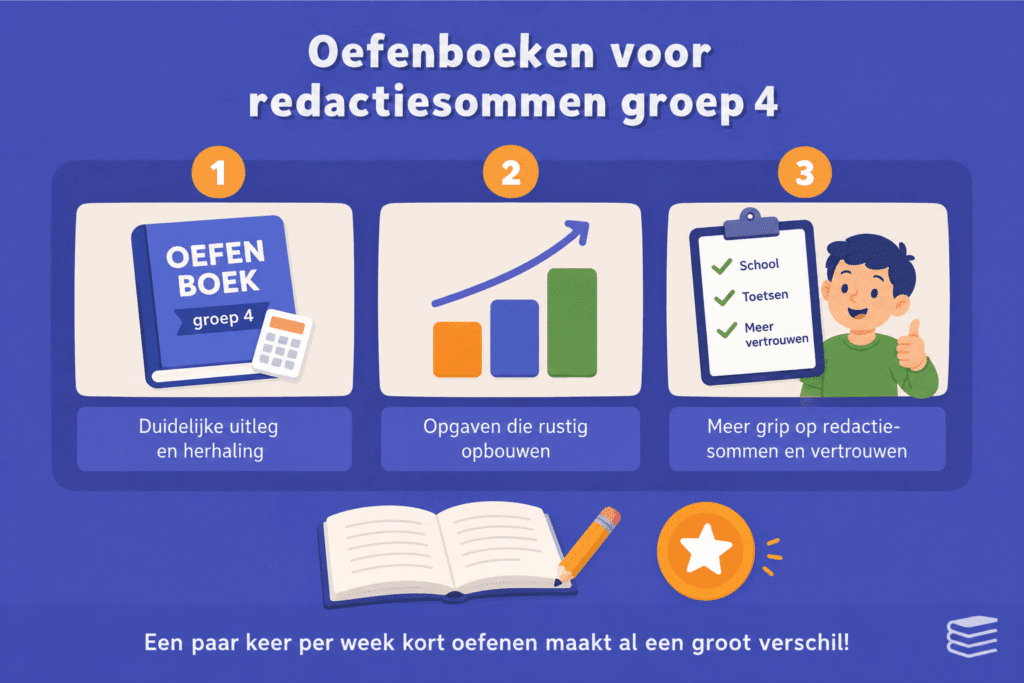 Educatieve infographic over oefenboeken voor redactiesommen in groep 4. De afbeelding laat zien hoe duidelijke uitleg, herhaling en rustig opgebouwde oefeningen kinderen helpen om redactiesommen beter te begrijpen en met meer vertrouwen te maken.