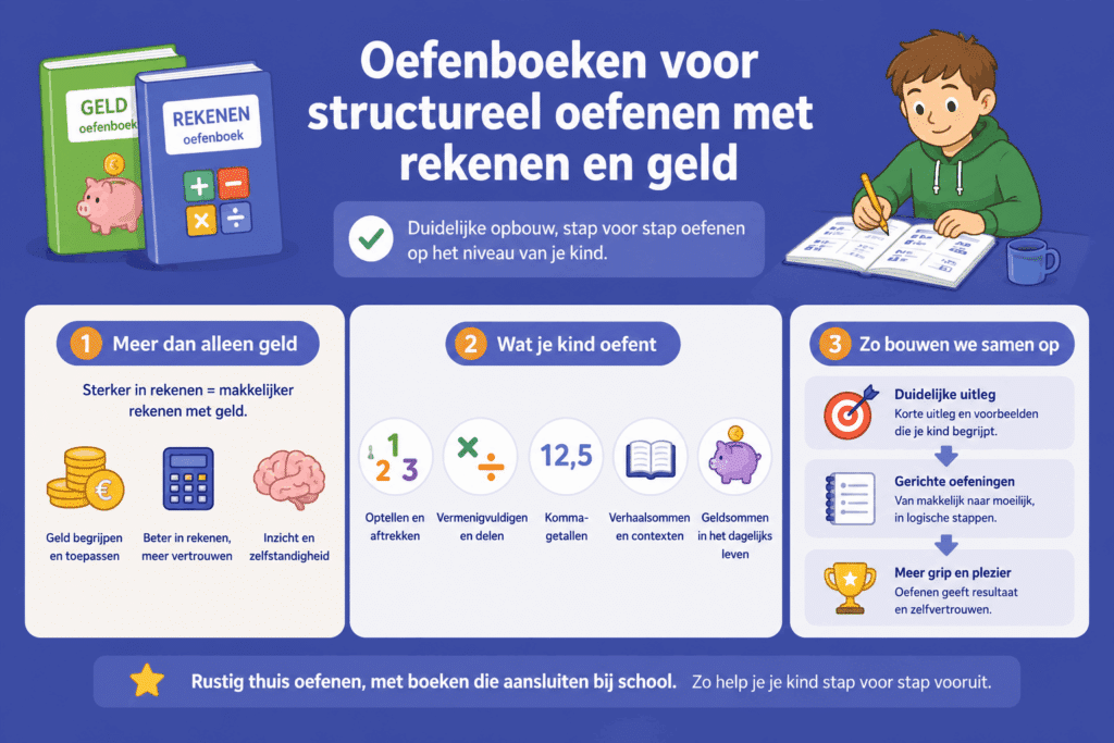 Educatieve infographic over oefenboeken voor structureel oefenen met rekenen en geld. De afbeelding laat zien dat oefenboeken stap voor stap opbouwen, verschillende rekenvaardigheden oefenen en kinderen meer overzicht en vertrouwen geven bij geldsommen.