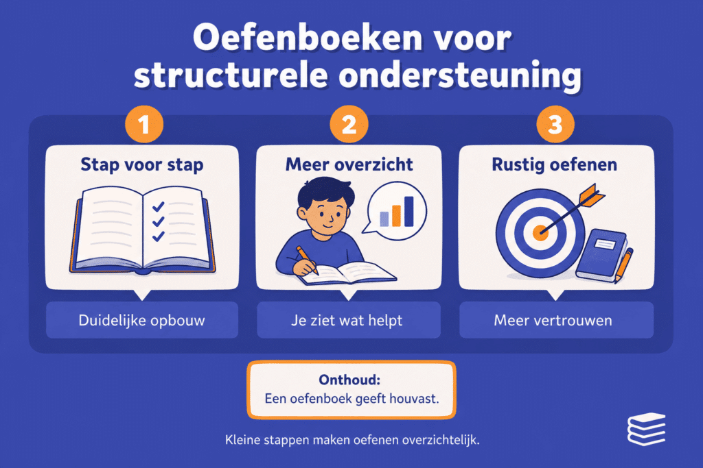 Educatieve infographic over oefenboeken voor structurele ondersteuning. De afbeelding laat zien dat oefenboeken kinderen stap voor stap helpen oefenen, meer overzicht geven en zorgen voor rustig oefenen met meer vertrouwen.