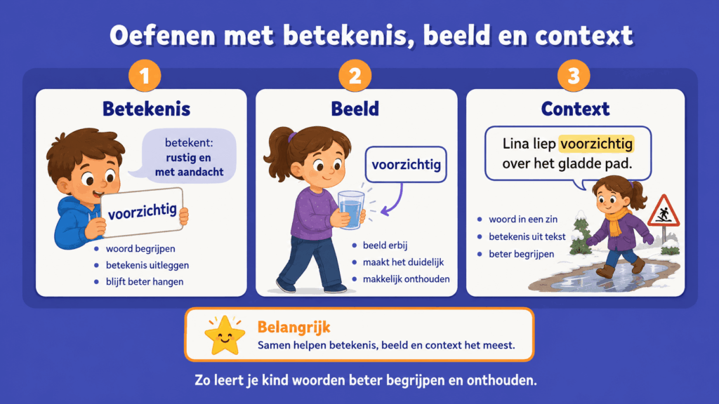 Infographic die laat zien hoe kinderen woorden beter leren door betekenis, beeld en context te combineren.