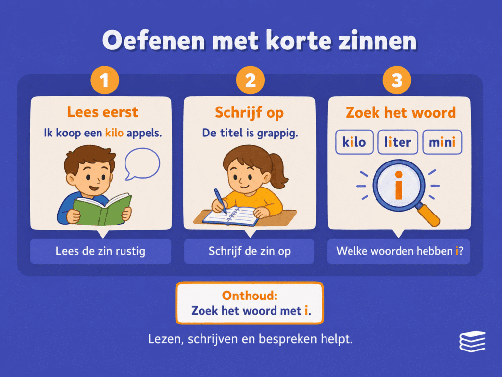 Educatieve infographic over oefenen met korte zinnen bij woorden met i die klinkt als ie. De afbeelding laat zien dat kinderen eerst een zin lezen, daarna de zin opschrijven en vervolgens zoeken welk woord een i heeft die klinkt als ie.