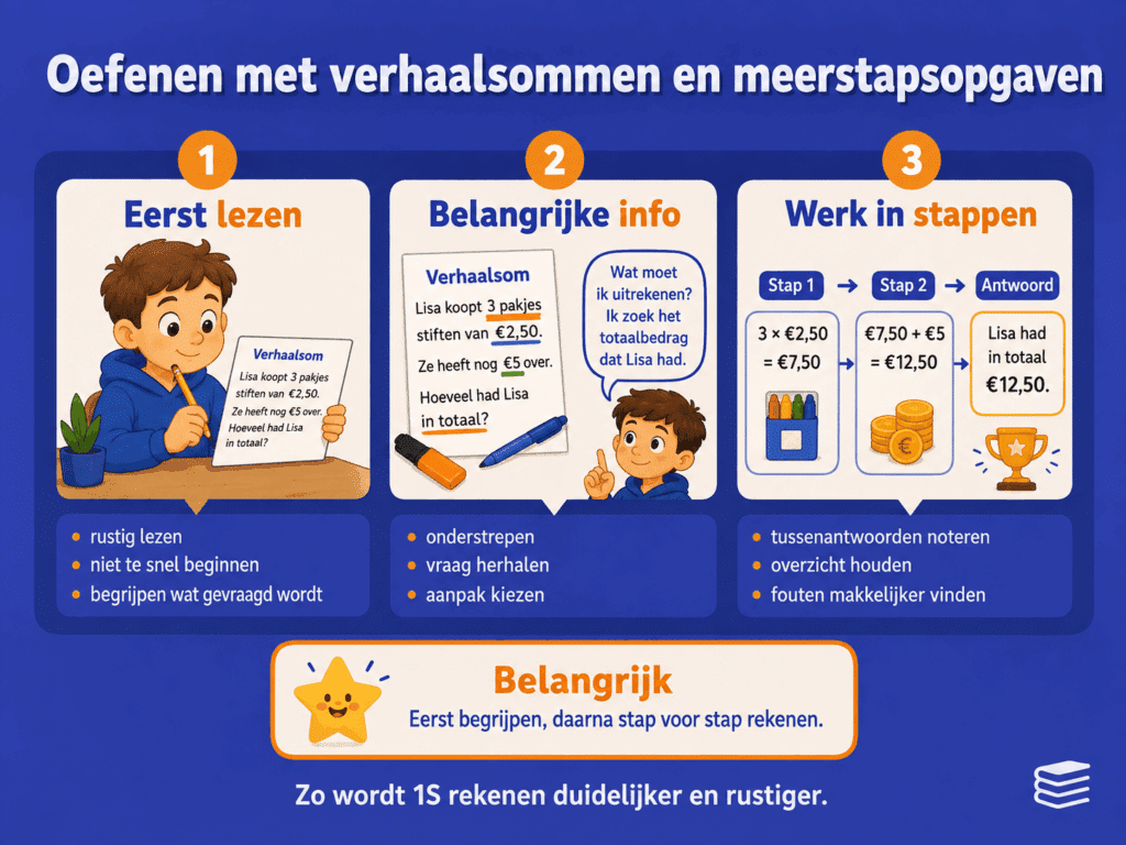 Infographic met drie stappen voor het oefenen van verhaalsommen en meerstapsopgaven: eerst lezen, belangrijke informatie kiezen en in stappen werken.