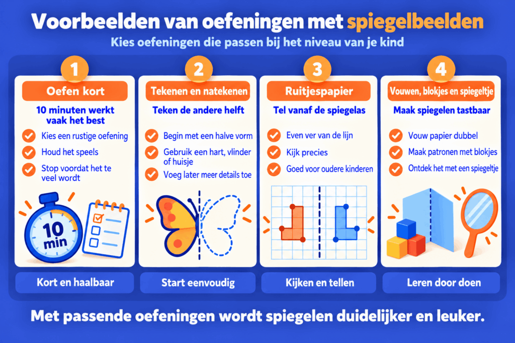 Infographic met vier manieren om spiegelbeelden te oefenen: kort oefenen, tekenen en natekenen, spiegelen op ruitjespapier en oefenen met blokjes en een spiegeltje.