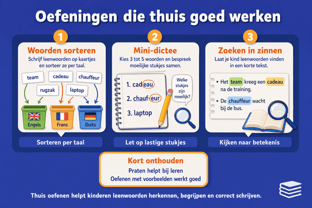 Educatieve infographic met drie oefeningen om thuis leenwoorden te oefenen. Kinderen sorteren woorden per taal, maken een mini dictee met lastige lettercombinaties en zoeken leenwoorden in korte zinnen.