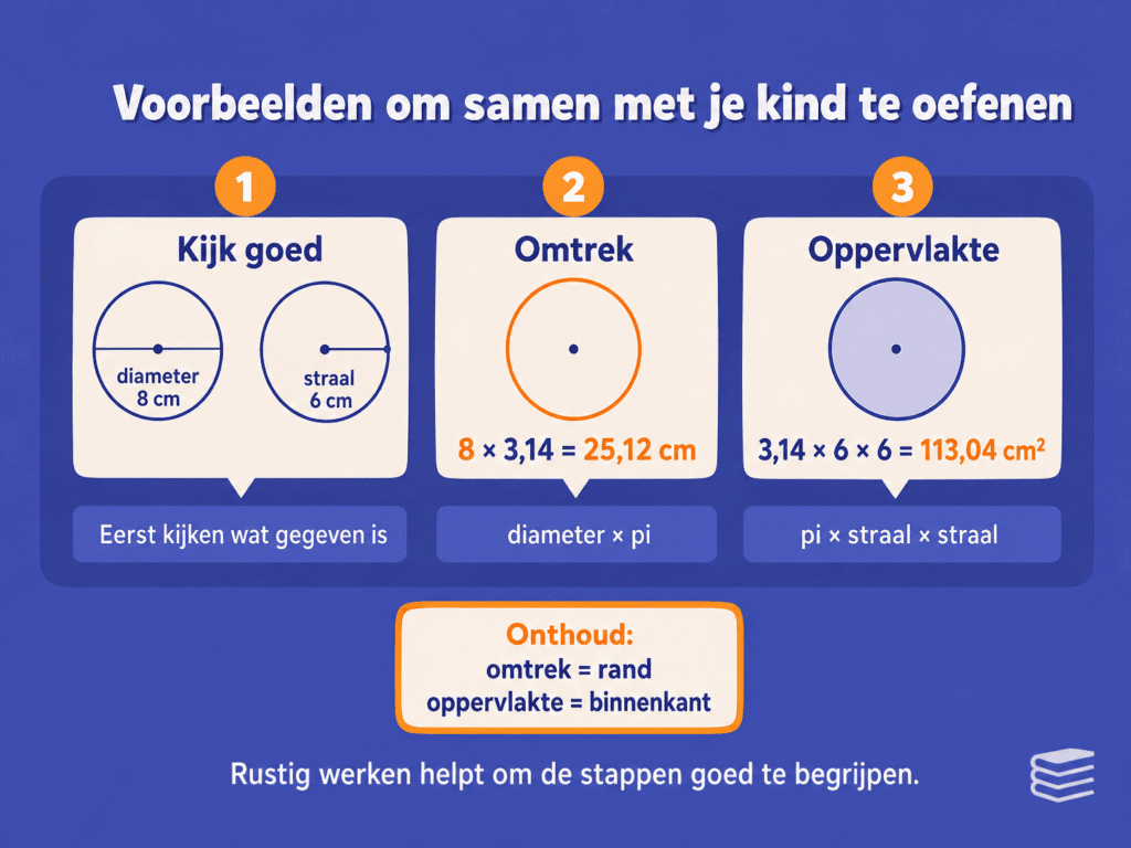 Educatieve infographic met voorbeelden van omtrek en oppervlakte van een cirkel. De afbeelding laat zien hoe je met een diameter van 8 cm de omtrek berekent en met een straal van 6 cm de oppervlakte berekent.
