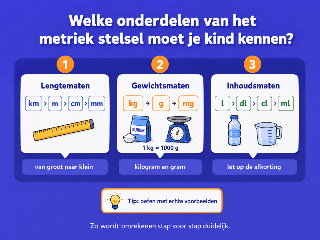 Educatieve infographic over de belangrijkste onderdelen van het metriek stelsel. De afbeelding laat lengtematen, gewichtsmaten en inhoudsmaten zien met voorbeelden en afkortingen zoals kilometer, meter, kilogram, gram, liter en milliliter.