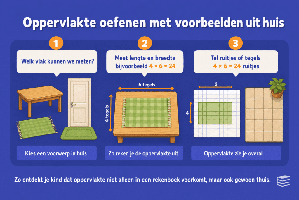 Infographic die laat zien hoe kinderen oppervlakte thuis kunnen oefenen met een tafel, vloerkleed, ruitjespapier en tegels.