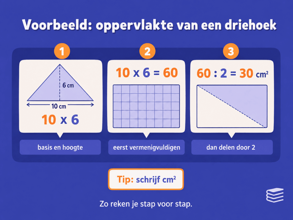 Educatieve infographic over het berekenen van de oppervlakte van een driehoek. De afbeelding laat zien hoe je met een basis van 10 cm en een hoogte van 6 cm eerst 10 keer 6 rekent en daarna door 2 deelt, waardoor de oppervlakte 30 cm² is.