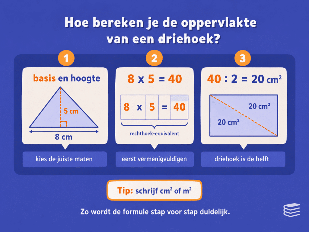 Educatieve infographic over hoe je de oppervlakte van een driehoek berekent. De afbeelding laat in drie stappen zien dat je eerst de basis en hoogte kiest, daarna basis keer hoogte doet en vervolgens de uitkomst door 2 deelt.