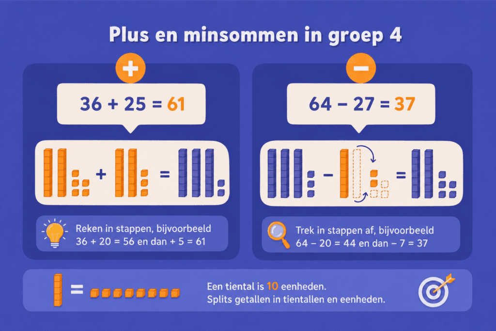 Infographic over plus en minsommen in groep 4, met voorbeelden van optellen en aftrekken in stappen en uitleg over tientallen en eenheden.