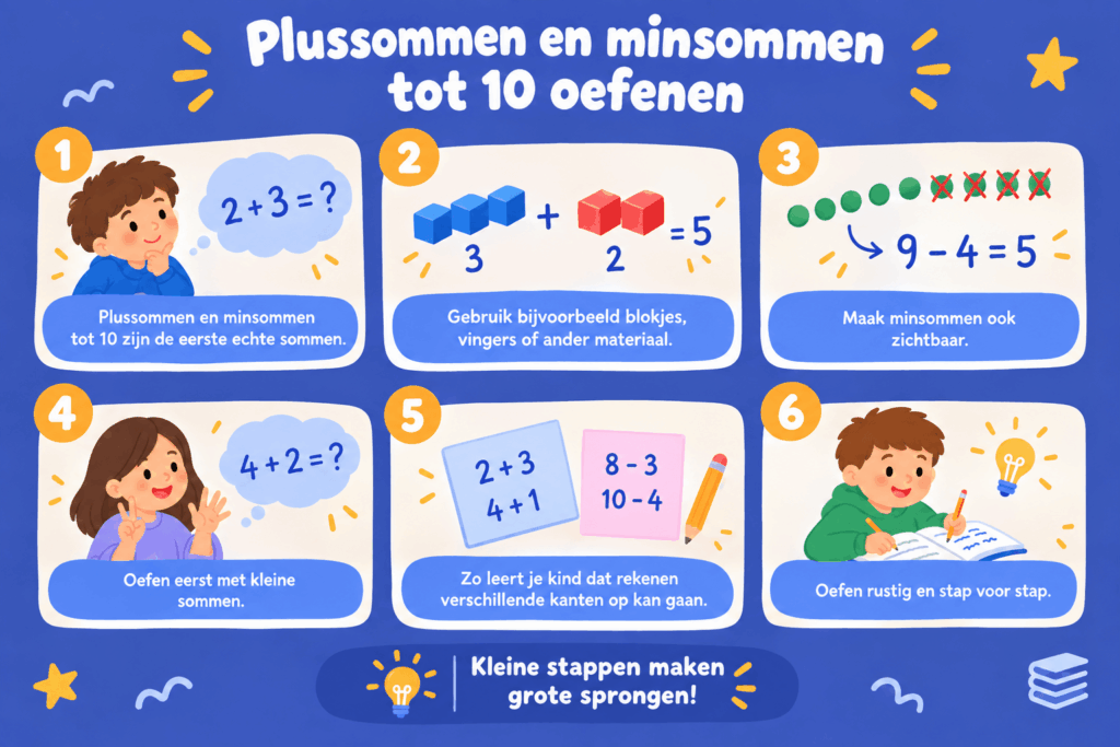 Speelse infographic met zes tips om plussommen en minsommen tot 10 te oefenen. De afbeelding laat zien hoe kinderen kunnen rekenen met blokjes, vingers en eenvoudige sommen zoals 3 + 2 en 9 - 4.