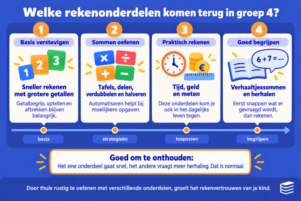Infographic met de belangrijkste rekenonderdelen van groep 4: optellen en aftrekken, tafels, delen, halveren, verdubbelen, klokkijken, geldrekenen, meten en verhaaltjessommen.