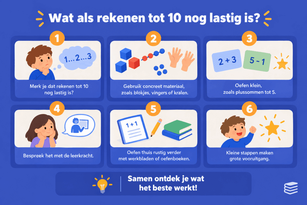 Infographic met zes stappen om kinderen te helpen die moeite hebben met rekenen tot 10, zoals oefenen met concreet materiaal, kleine sommen maken, overleggen met de leerkracht en thuis oefenen met werkbladen of oefenboeken.