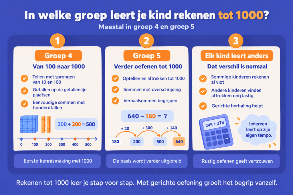 Infographic over rekenen tot 1000 in groep 4 en 5, met voorbeelden van tellen, optellen, aftrekken en oefenen op eigen niveau.