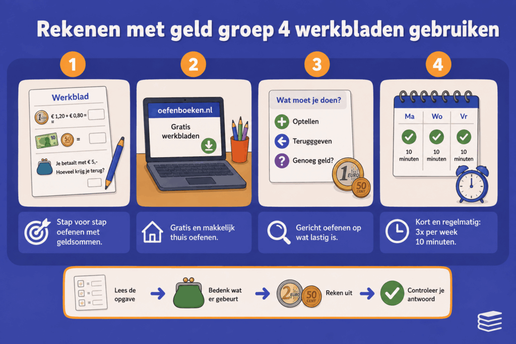 Educatieve infographic over werkbladen voor rekenen met geld in groep 4. De afbeelding laat zien hoe kinderen thuis stap voor stap kunnen oefenen met geldsommen, gericht kunnen werken aan lastige onderdelen en kort en regelmatig kunnen oefenen.