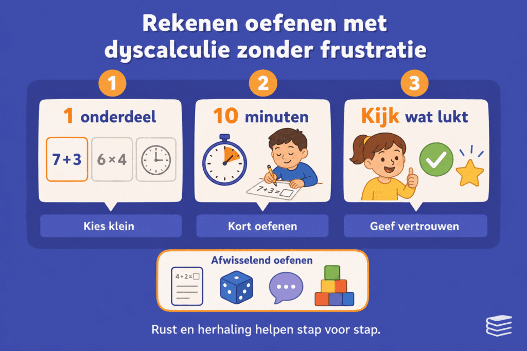 Educatieve infographic over rekenen oefenen met dyscalculie zonder frustratie. De afbeelding laat zien dat kinderen het best één onderdeel tegelijk oefenen, korte oefenmomenten gebruiken, afwisselend oefenen en vooral kijken naar wat al goed lukt.