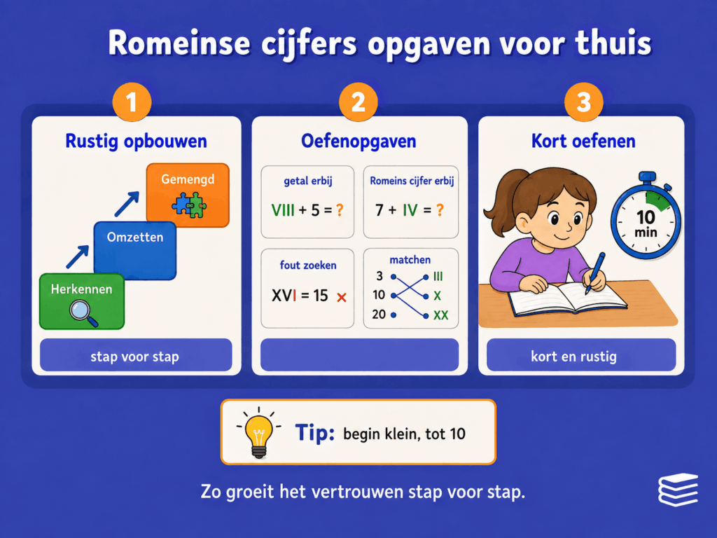 Educatieve infographic over Romeinse cijfers oefenen thuis. De afbeelding laat zien hoe kinderen stap voor stap beginnen met herkennen, daarna oefenen met omzetten en combineren en kort oefenen om meer vertrouwen op te bouwen.