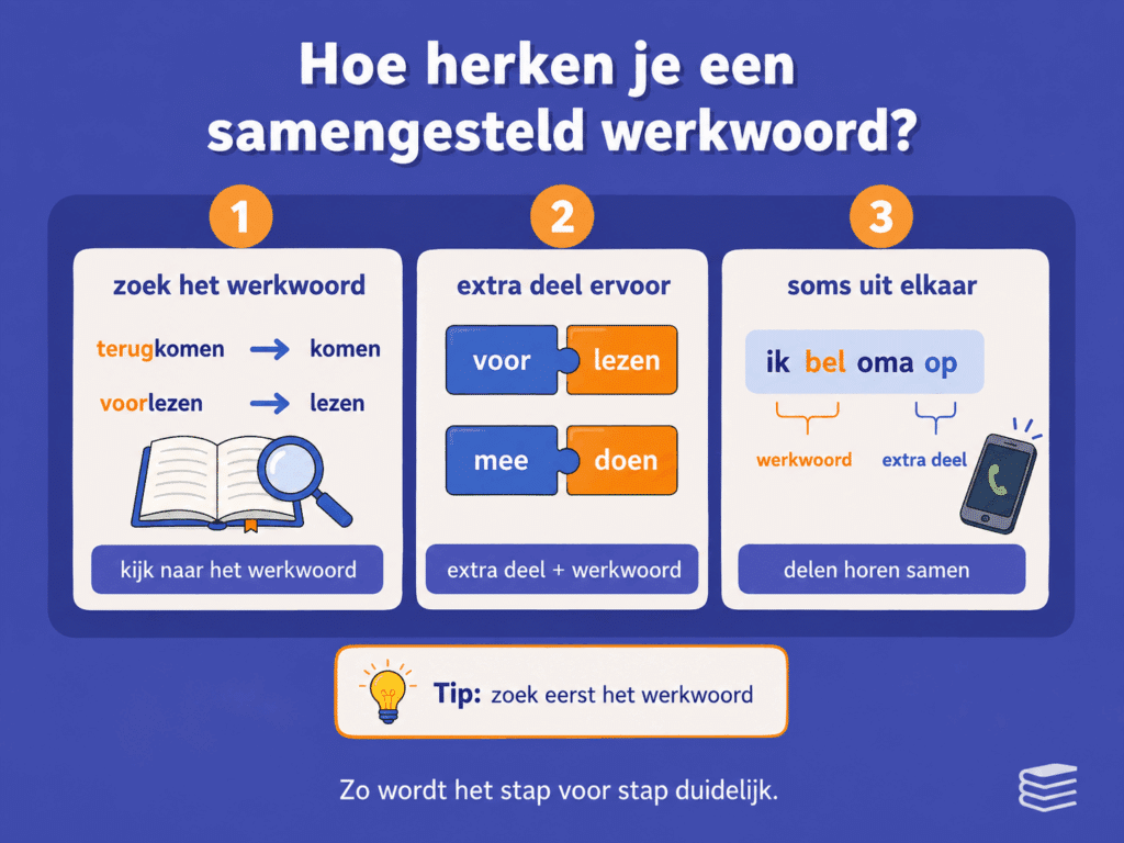 Educatieve infographic over hoe je een samengesteld werkwoord herkent. De afbeelding laat in drie stappen zien dat je eerst het gewone werkwoord zoekt, daarna kijkt welk extra deel ervoor staat en dat de delen in een zin soms uit elkaar kunnen staan.