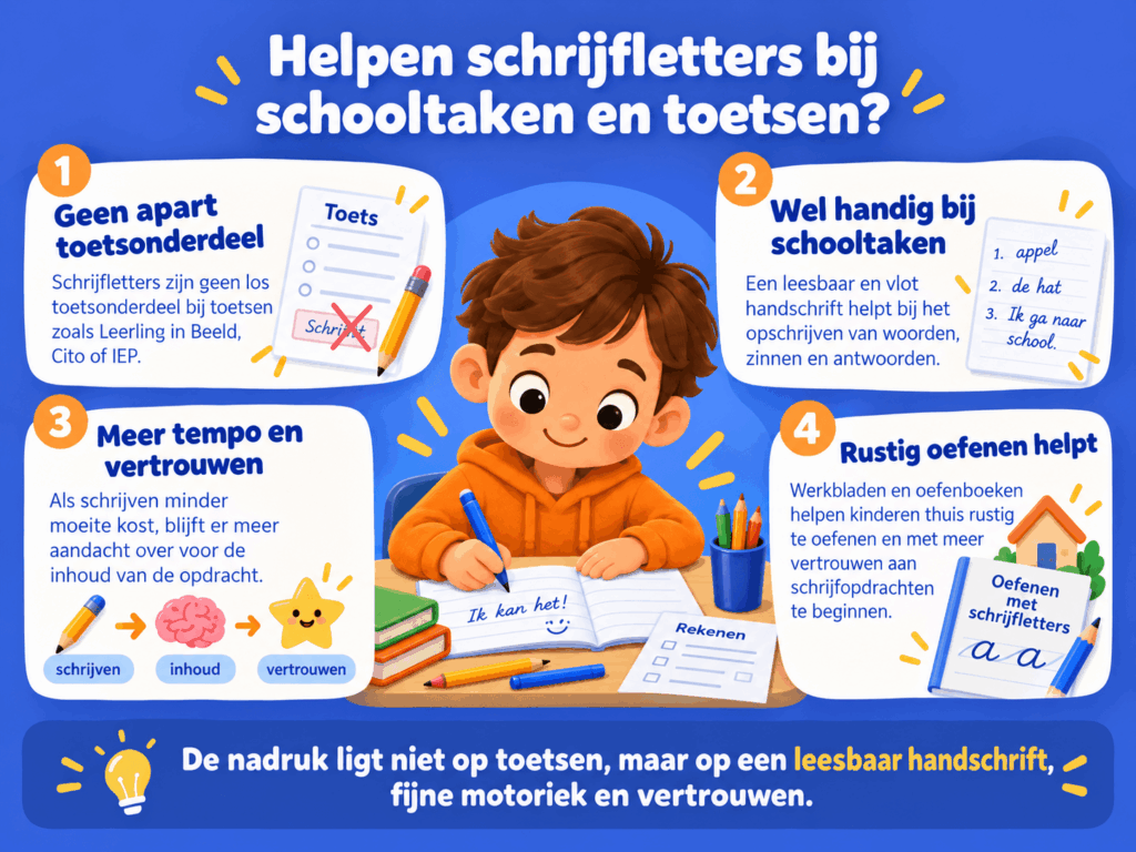 Educatieve afbeelding over hoe schrijfletters helpen bij schooltaken en toetsen. De illustratie laat zien dat een leesbaar handschrift bijdraagt aan vlotter schrijven, meer aandacht voor opdrachten en zelfvertrouwen.