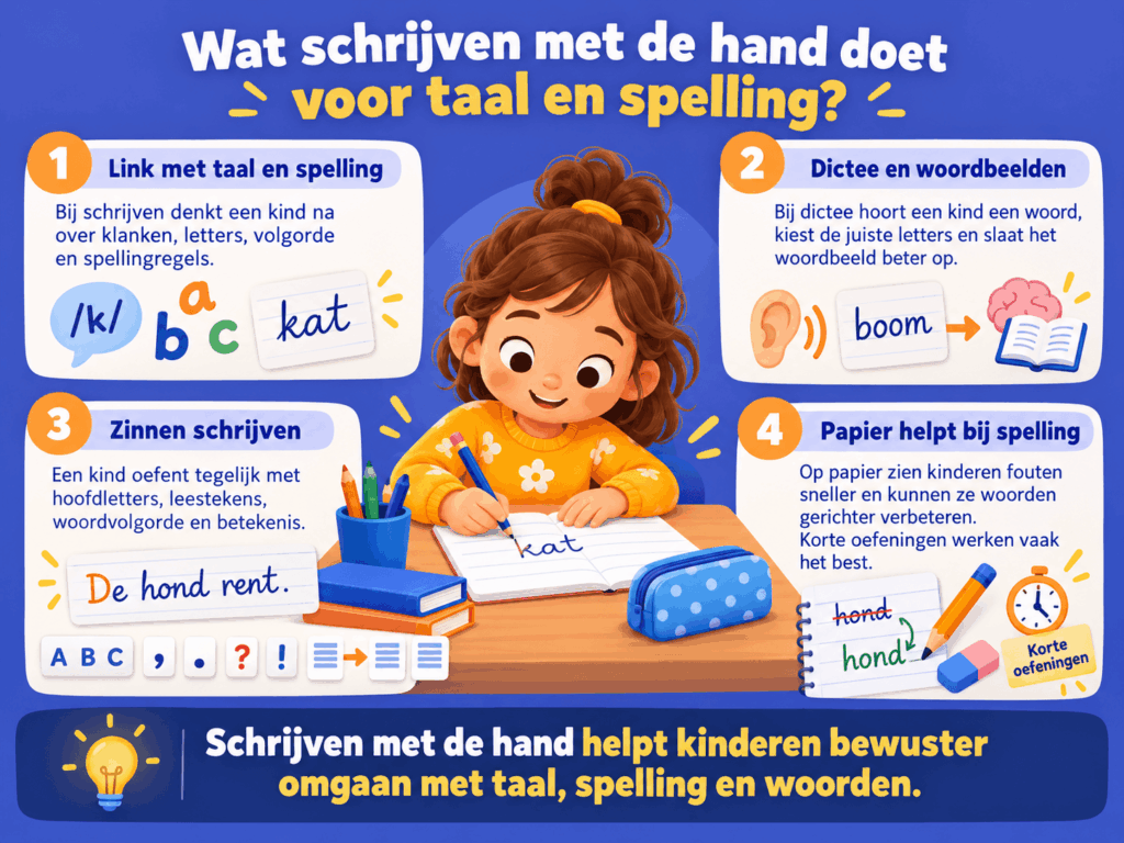 Educatieve afbeelding over hoe schrijven met de hand helpt bij taal en spelling. De illustratie laat zien hoe kinderen klanken en letters herkennen, woorden oefenen met dictee, zinnen schrijven en spelfouten verbeteren.