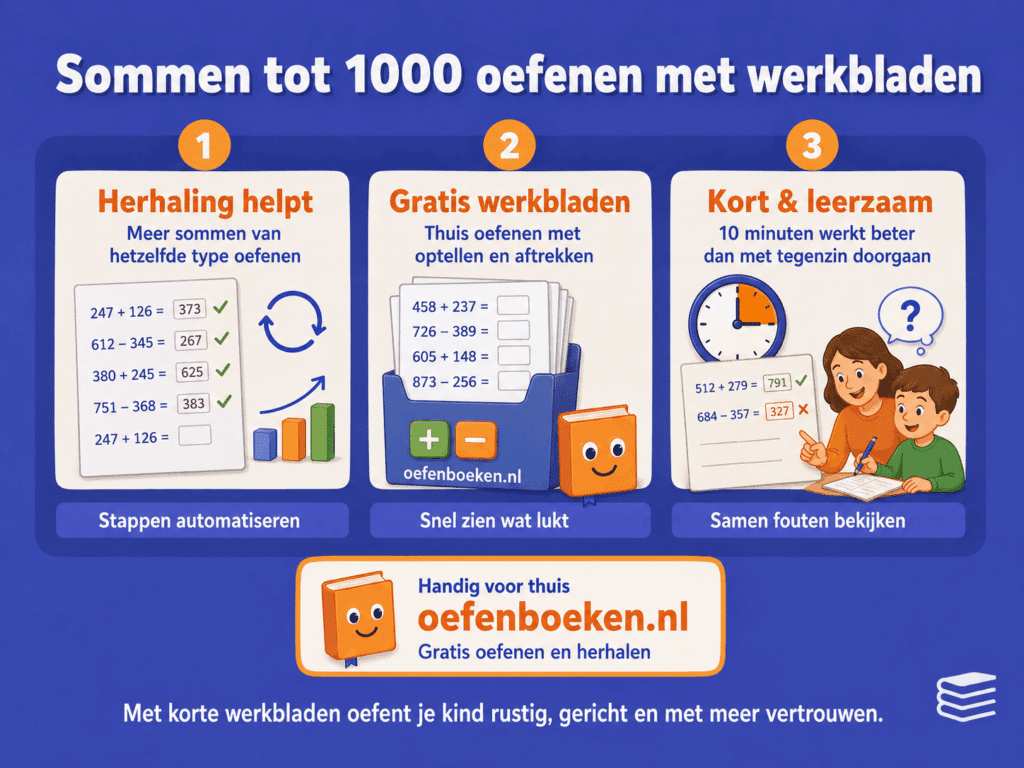 Infographic over sommen tot 1000 oefenen met werkbladen, met aandacht voor herhaling, gratis oefenen en korte oefenmomenten waarbij fouten samen worden besproken.