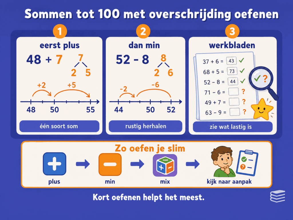 Educatieve infographic over sommen tot 100 met overschrijding oefenen. De afbeelding laat zien dat kinderen eerst plussommen en daarna minsommen apart oefenen, werkbladen gebruiken om te zien wat nog lastig is en stap voor stap leren kijken naar hun aanpak.