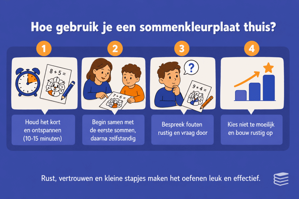 Infographic met vier stappen voor het thuis gebruiken van een sommenkleurplaat: kort oefenen, samen beginnen, fouten bespreken en rustig opbouwen.