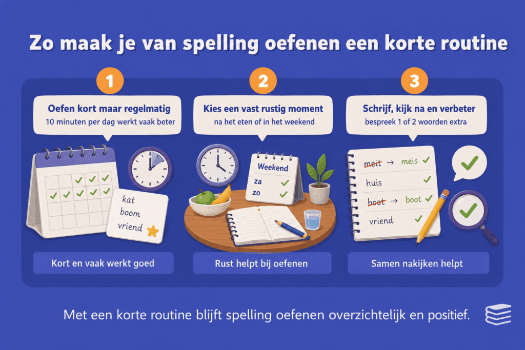 Infographic die laat zien hoe je spelling oefenen thuis kort en regelmatig maakt met een vast oefenmoment, schrijven, nakijken en verbeteren.