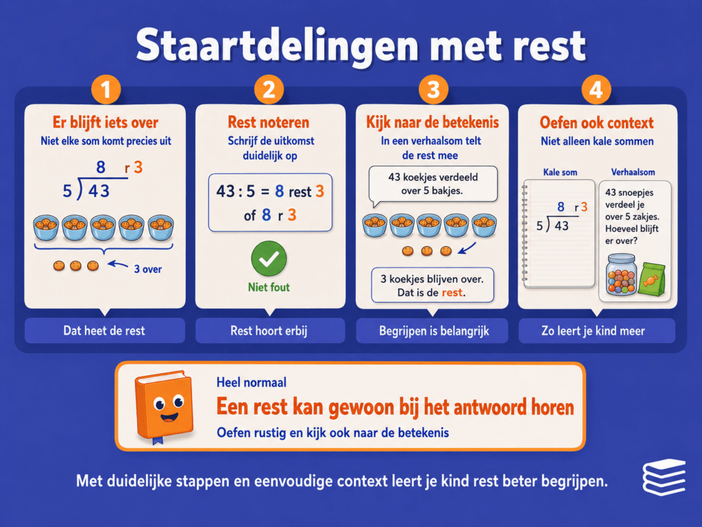 Infographic over staartdelingen met rest, met uitleg over wat een rest is, hoe je deze noteert en waarom de betekenis van de rest belangrijk is in verhaalsommen.