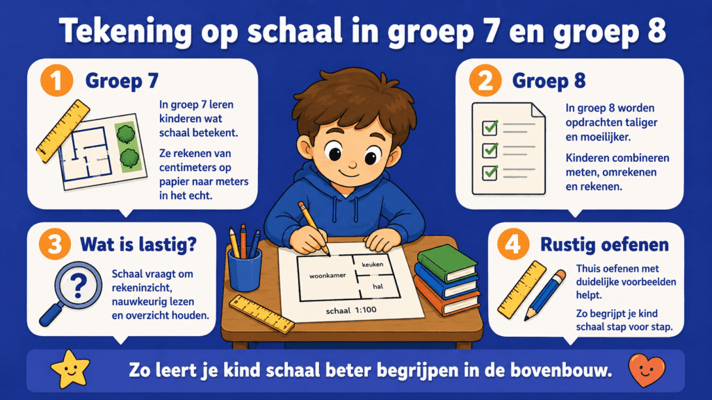 Infographic over tekening op schaal in groep 7 en groep 8, met uitleg over schaal, moeilijkheden en thuis oefenen.