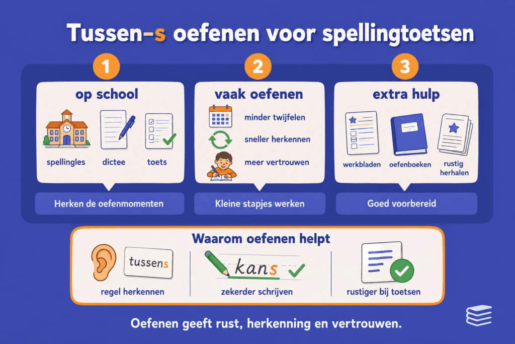 De afbeelding laat zien waar kinderen de regel tegenkomen, waarom regelmatig oefenen helpt en hoe werkbladen en oefenboeken extra ondersteuning geven.