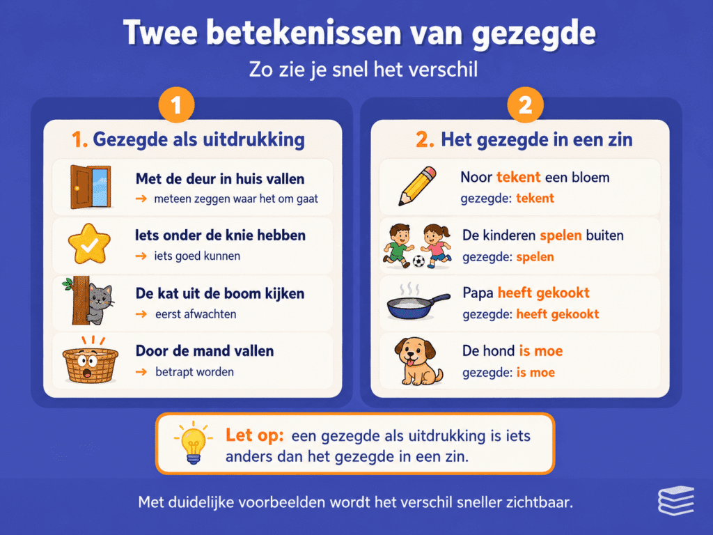 Infographic die het verschil uitlegt tussen een gezegde als uitdrukking en het gezegde in een zin, met duidelijke voorbeelden zoals “de kat uit de boom kijken” en “Noor tekent een bloem”.