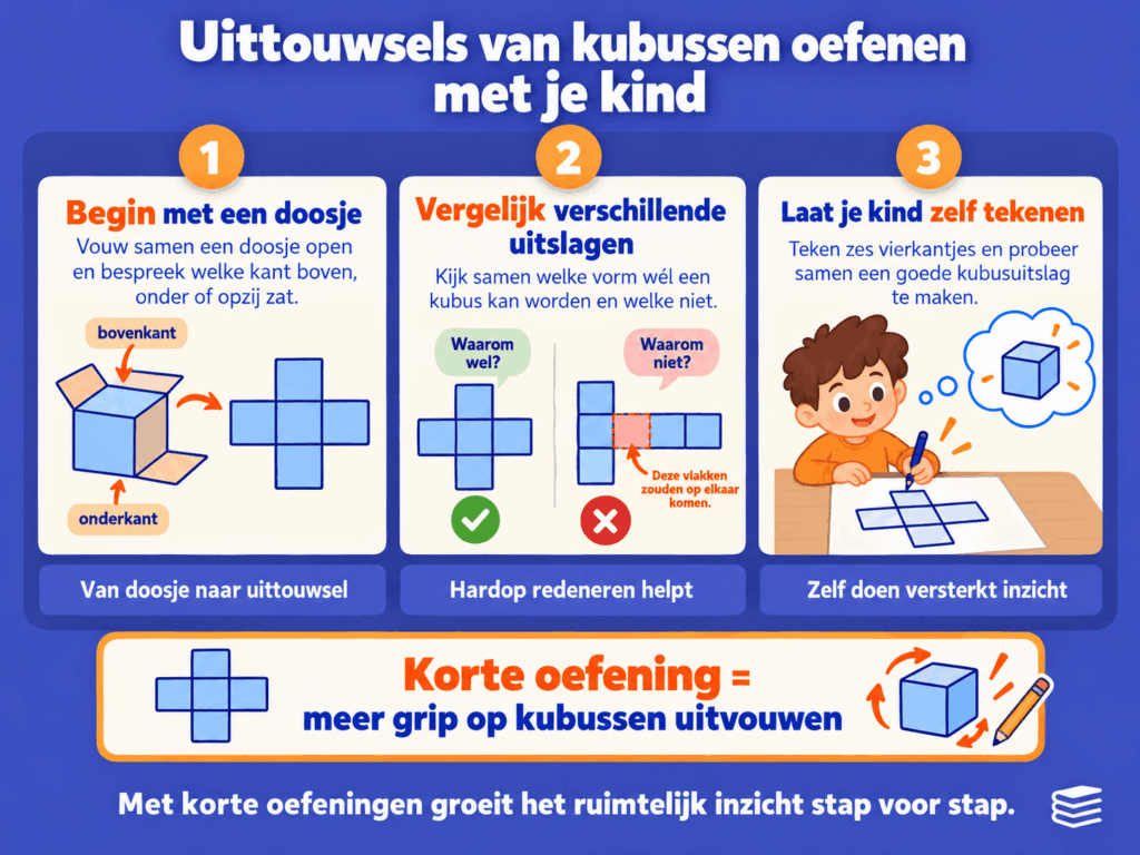 Infographic met drie oefeningen om kubusuitslagen te leren herkennen: een doosje openvouwen, verschillende uitslagen vergelijken en zelf een kubusuitslag tekenen.
