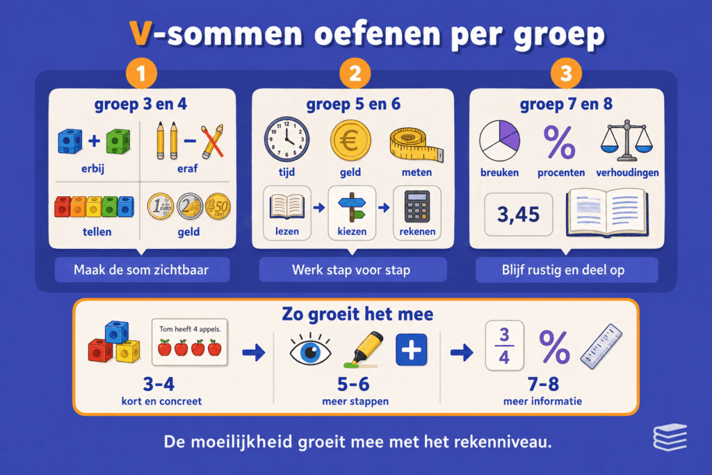 Educatieve infographic over v sommen oefenen per groep. De afbeelding laat zien hoe verhaalsommen in groep 3 en 4 eenvoudig en visueel beginnen, in groep 5 en 6 meer stappen krijgen en in groep 7 en 8 moeilijker worden met breuken, procenten en verhoudingen.