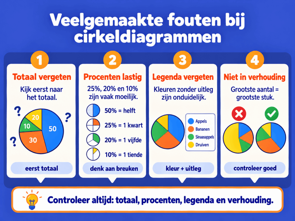 Educatieve afbeelding met vier veelgemaakte fouten bij cirkeldiagrammen: het totaal vergeten, moeite met procenten, een ontbrekende legenda en verkeerde verhoudingen.