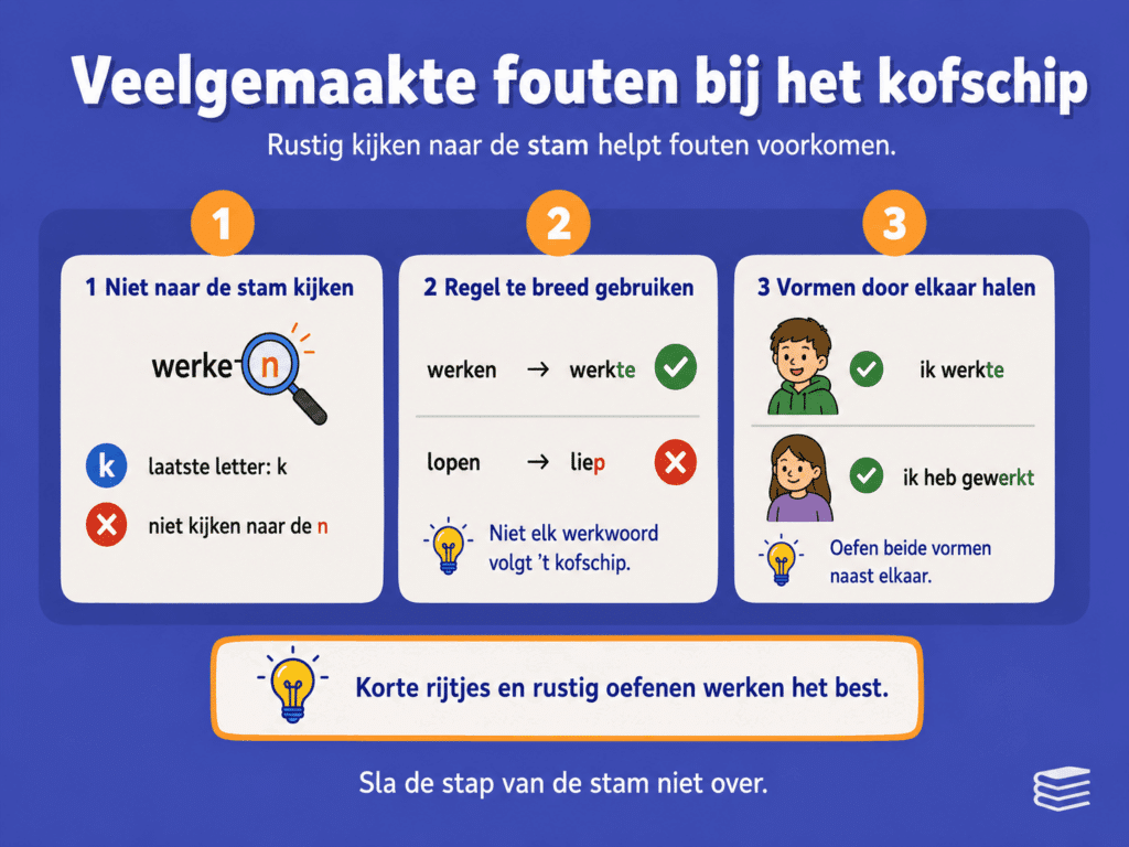 Infographic over veelgemaakte fouten bij het kofschip, met uitleg over niet naar de stam kijken, de regel te breed gebruiken en verleden tijd en voltooid deelwoord door elkaar halen.