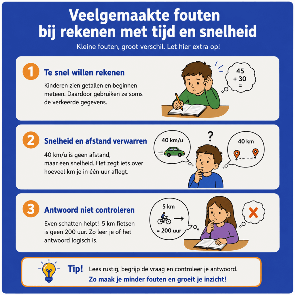 Infographic over veelgemaakte fouten bij rekenen met tijd en snelheid, zoals te snel beginnen, snelheid en afstand verwarren en het antwoord niet controleren.