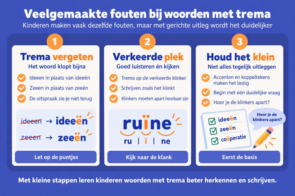 Infographic over veelgemaakte fouten bij woorden met trema, zoals ideeën en zeeën, met uitleg over het vergeten of verkeerd plaatsen van het trema.
