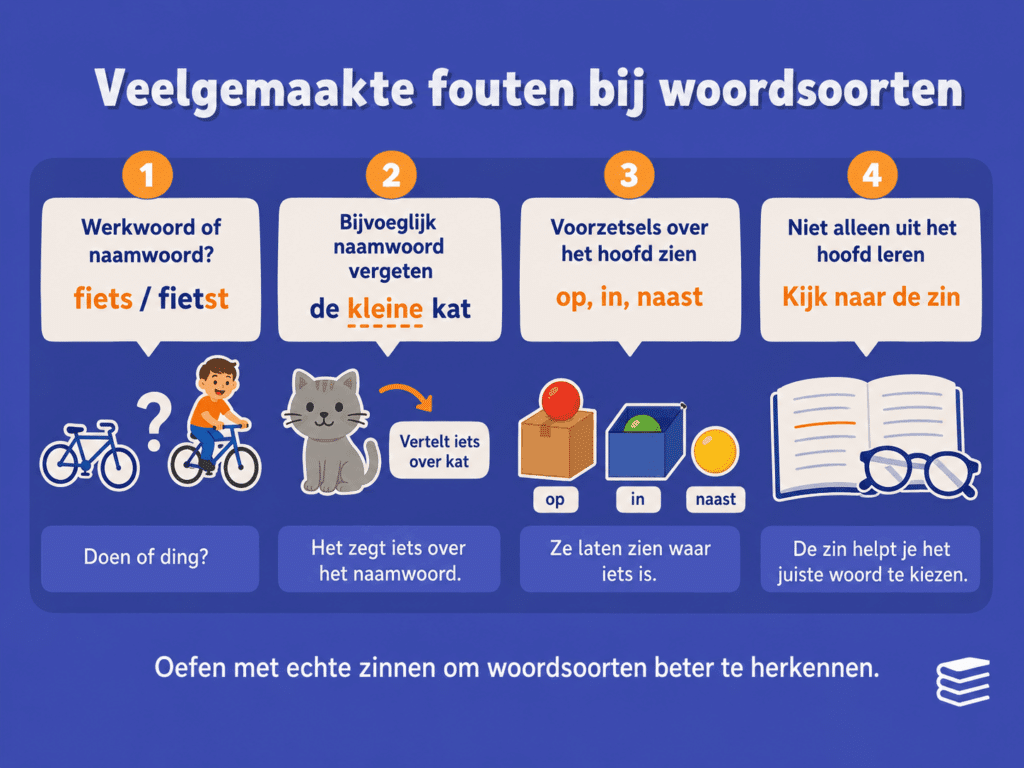 Infographic die veelgemaakte fouten bij woordsoorten uitlegt, zoals werkwoorden en naamwoorden verwarren, bijvoeglijke naamwoorden vergeten, voorzetsels over het hoofd zien en leren kijken naar de hele zin.