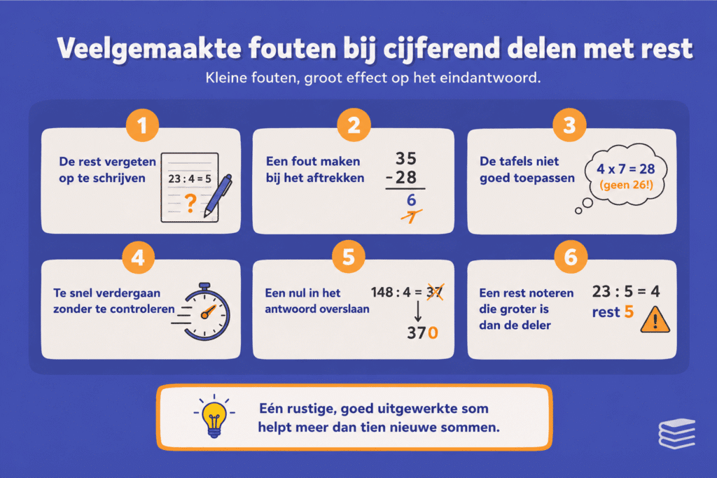 Infographic met zes veelgemaakte fouten bij cijferend delen met rest, zoals de rest vergeten, verkeerd aftrekken en een nul overslaan.