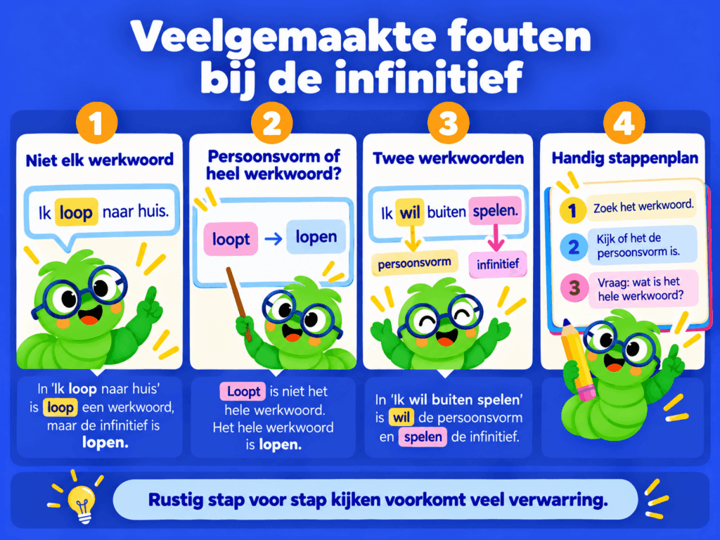 Infographic met veelgemaakte fouten bij de infinitief, zoals het verwarren van de persoonsvorm met het hele werkwoord, met voorbeelden en een eenvoudig stappenplan.