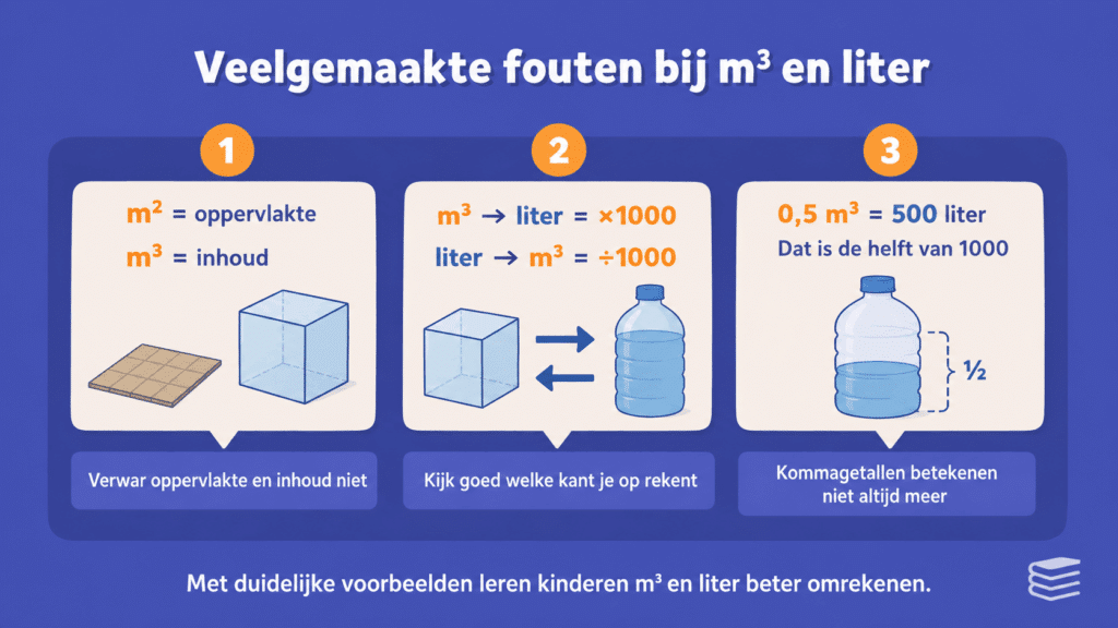 Infographic voor kinderen met uitleg over veelgemaakte fouten bij kubieke meter naar liter omrekenen, zoals het verschil tussen m³ en m² en wanneer je moet vermenigvuldigen of delen.