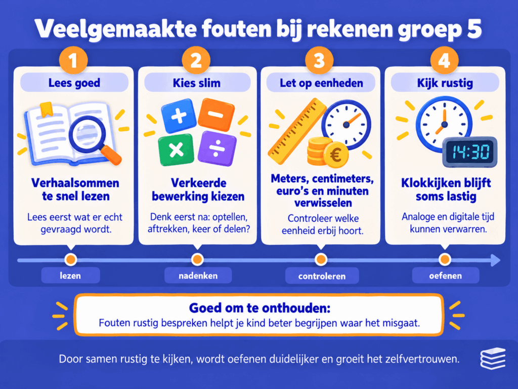 Infographic met veelgemaakte fouten bij rekenen groep 5, zoals verhaalsommen te snel lezen, verkeerde bewerkingen kiezen, eenheden verwisselen en moeite met klokkijken.