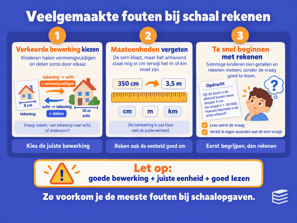 Infographic met drie veelgemaakte fouten bij schaal rekenen: de verkeerde bewerking kiezen, maateenheden vergeten en te snel beginnen met rekenen.