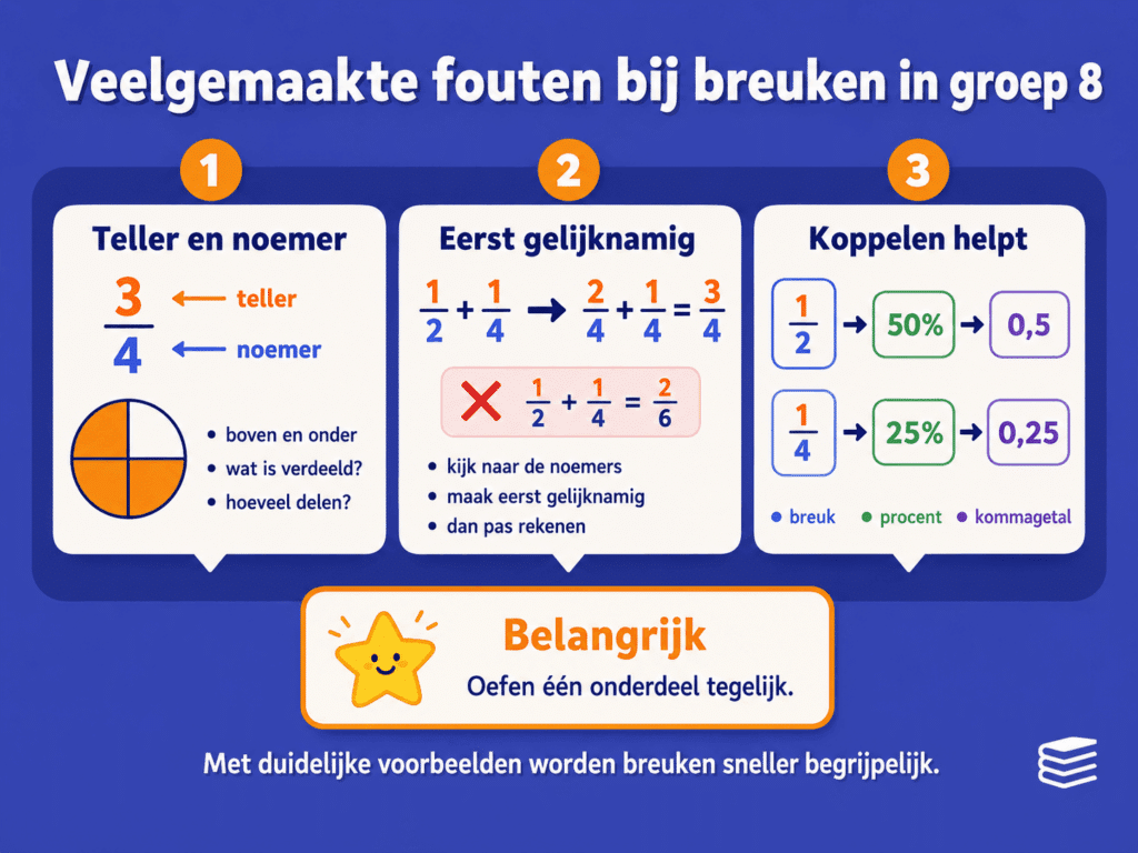 Infographic over veelgemaakte fouten bij breuken in groep 8, zoals teller en noemer verwarren, niet gelijknamig maken en de koppeling met procenten missen.