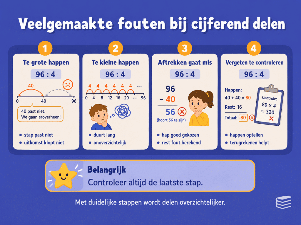 Infographic met veelgemaakte fouten bij cijferend delen, zoals te grote of kleine happen, aftrekfouten en vergeten te controleren.