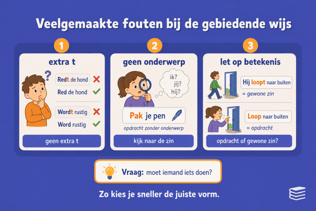 Educatieve infographic over veelgemaakte fouten bij de gebiedende wijs. De afbeelding laat zien dat kinderen vaak onterecht een extra t toevoegen, soms een onderwerp zoeken terwijl dat ontbreekt en moeten letten op het verschil tussen een gewone zin en een opdracht.
