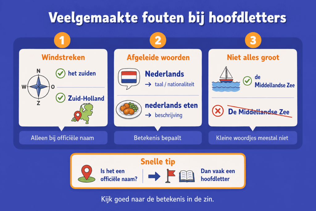 Educatieve infographic over veelgemaakte fouten bij hoofdletters, met voorbeelden van windstreken, afgeleide woorden en aardrijkskundige namen.