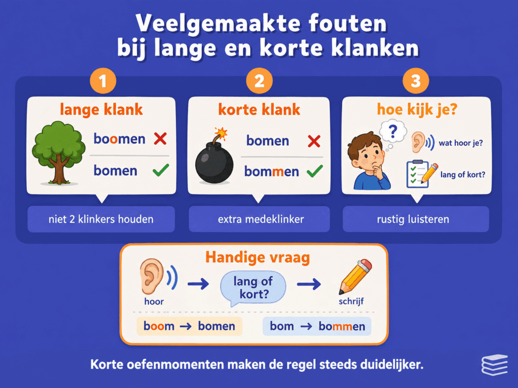 Educatieve infographic over veelgemaakte fouten bij lange en korte klanken. De afbeelding laat zien dat kinderen bij lange klanken soms te veel klinkers schrijven en bij korte klanken een extra medeklinker vergeten.