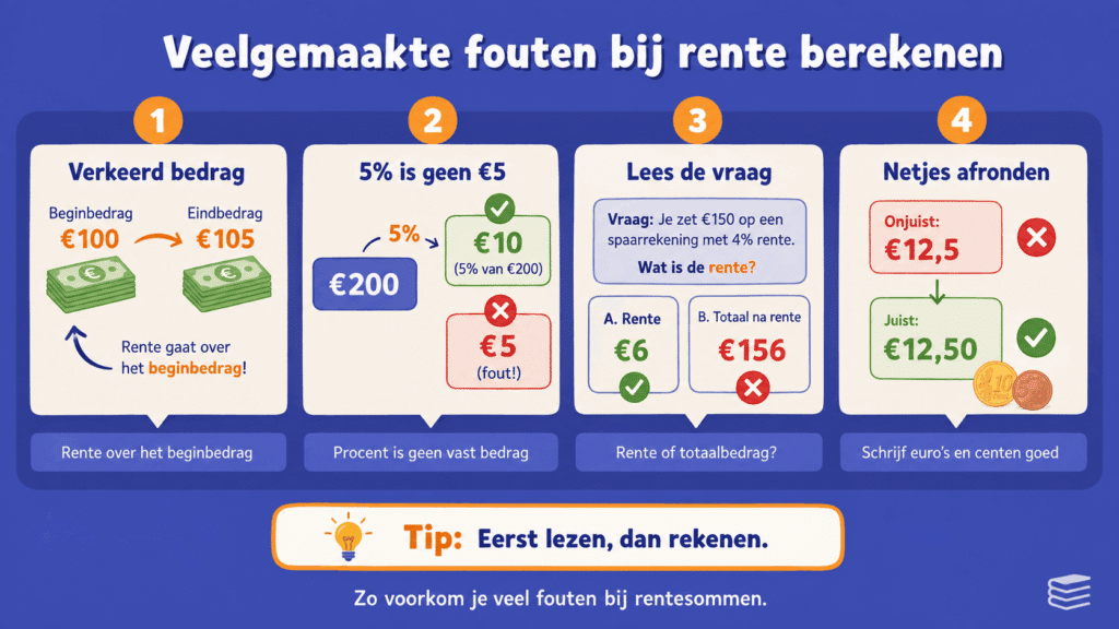 Educatieve infographic over veelgemaakte fouten bij rente berekenen, met voorbeelden van het verkeerde bedrag gebruiken, procenten verwarren met euro’s, de vraag niet goed lezen en geldbedragen netjes afronden.